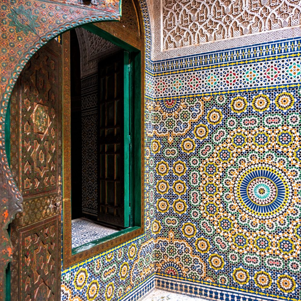 Intricate details in the interior of Telouet Kasbah in Telouet, Morocco
